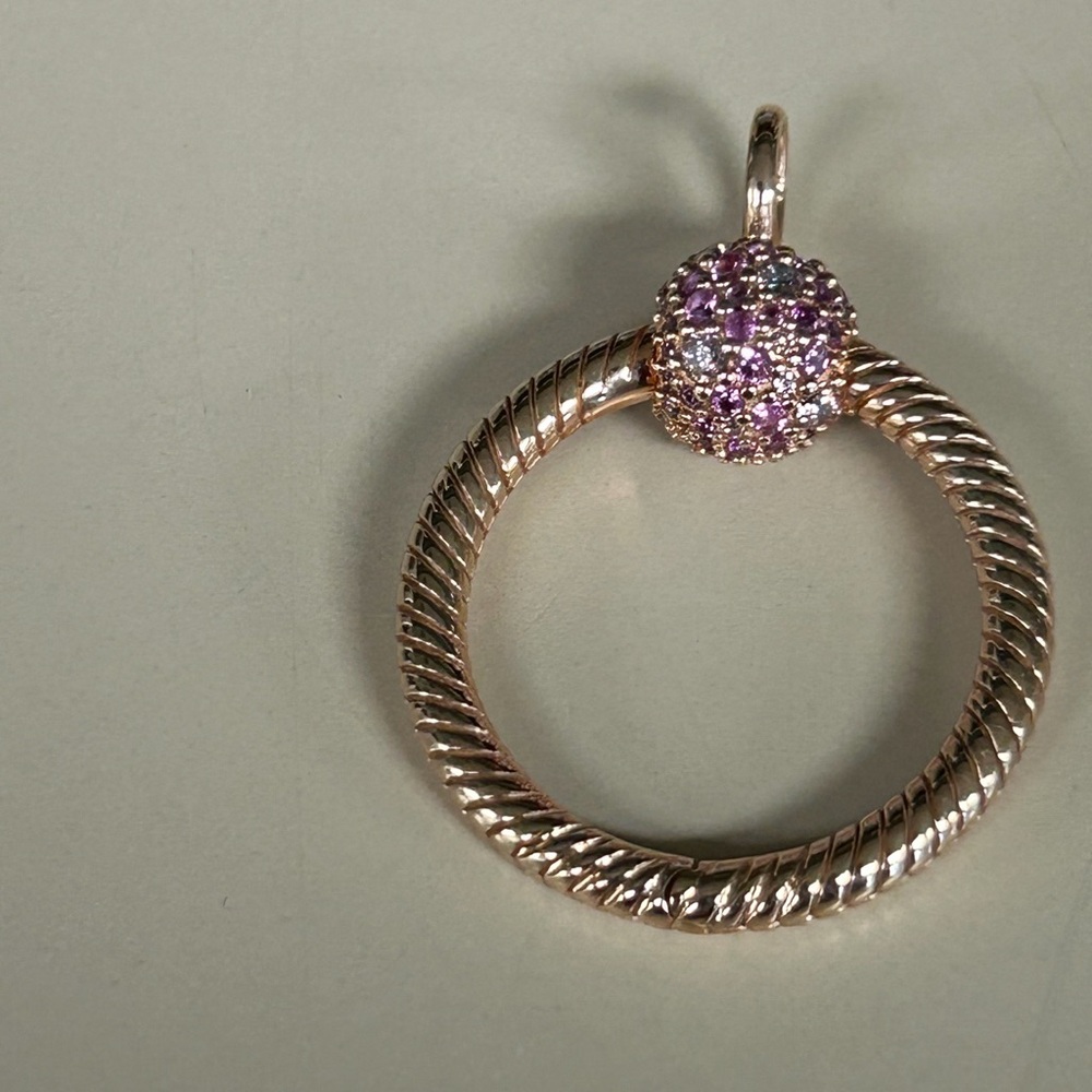 Pandora Rose Gold Rope Circle Pendant with Purple Pavé Accent